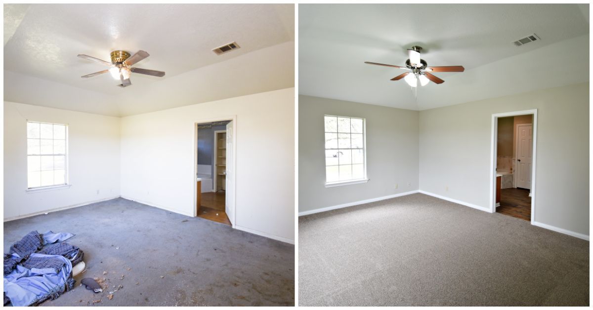 Room before and after renovation; empty with new carpet, paint, and ceiling fan.