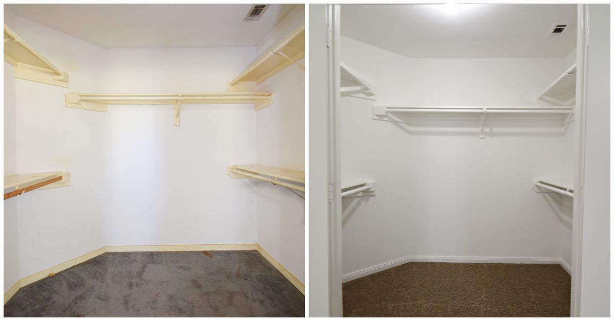 Two walk-in closets: one with dark carpet and the other with tan carpet, both with shelves and rods.