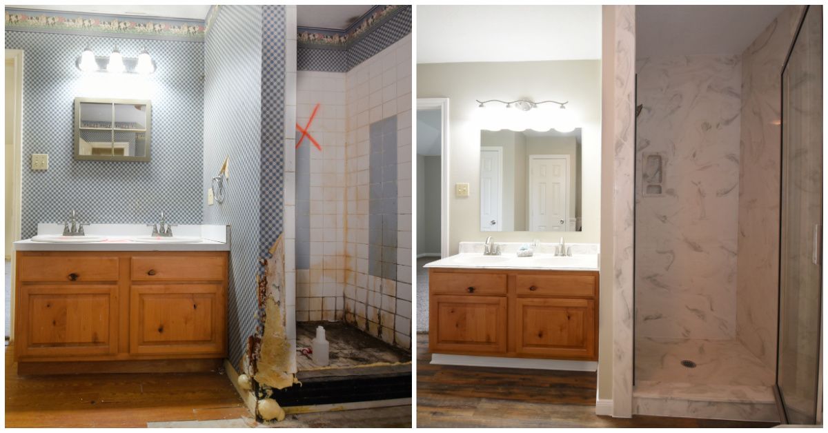 Bathroom before/after renovation: stained walls, old wallpaper replaced with a clean marble shower and fresh paint.