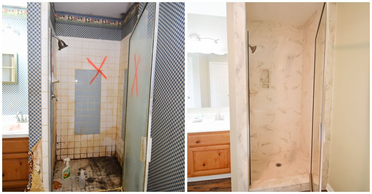 Two photos of a dirty, deteriorating shower stall with mold and peeling wallpaper.