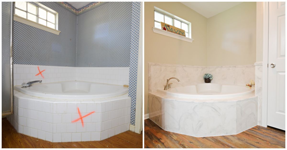 Before and after of a remodeled bathroom with a white, built-in bathtub. Changes include wall paint and decor.