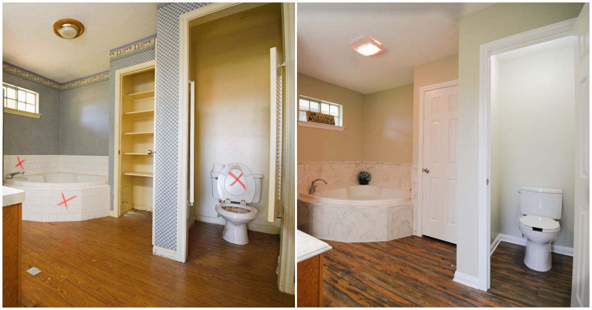 Two bathroom views side-by-side before/after remodel: tub, toilet, wood-look floor, light walls, dated wallpaper replaced.