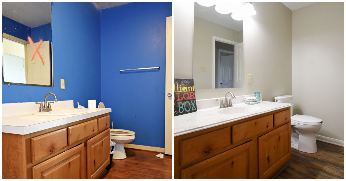 Bathroom transformation: blue walls to neutral beige, wooden vanity, and white toilet.