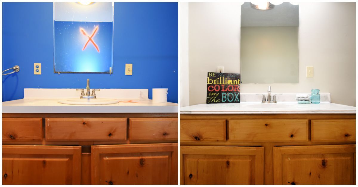 Bathroom before and after renovation. Blue wall, red 