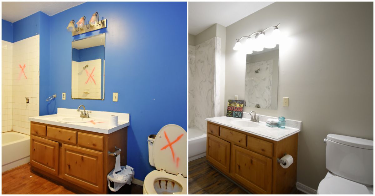 Two bathroom renovation photos: blue walls with wooden vanity, then neutral walls with same vanity.