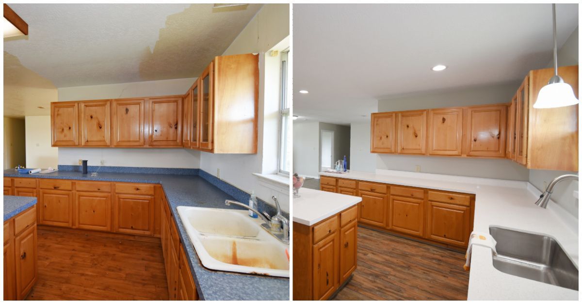 Kitchen renovation: light wood cabinets, white countertops, sink, and wood flooring.