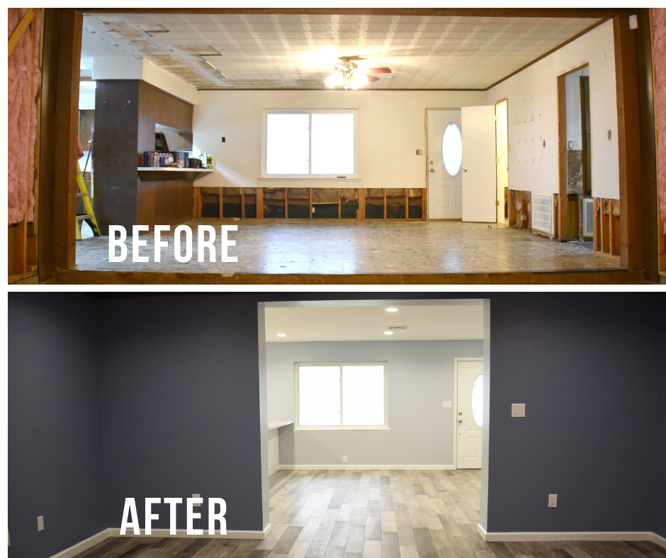 Before and after view of a renovated living room, showing a dramatic transformation with dark blue walls and new flooring.