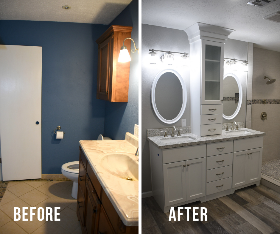 Bathroom remodel before and after: blue wall to gray, new cabinets, updated fixtures and flooring.