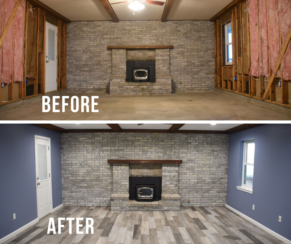 Before and after photos of a room renovation, with brick fireplace, wooden beams, and blue walls.