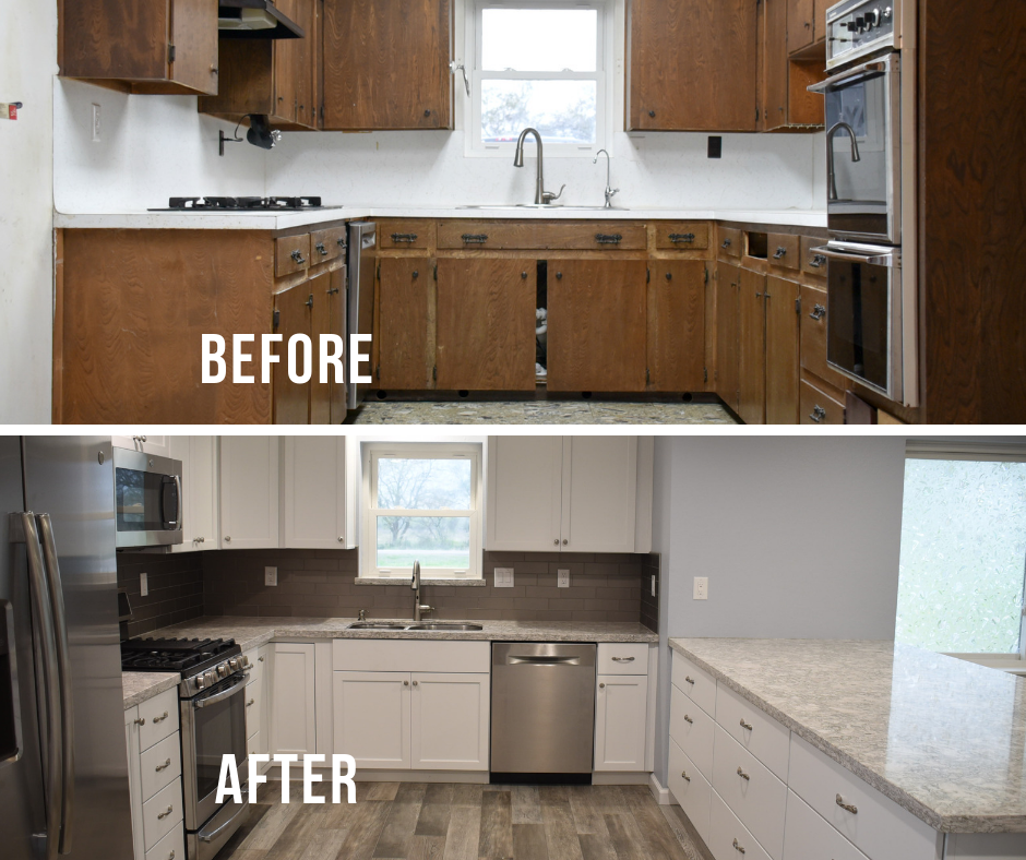 Before-and-after kitchen renovation: old brown cabinets replaced with white ones, new appliances, and flooring.