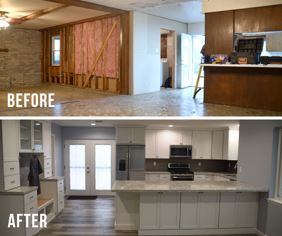 Renovated kitchen: Before a gutted space; After modern with white cabinets, gray countertop, and flooring.
