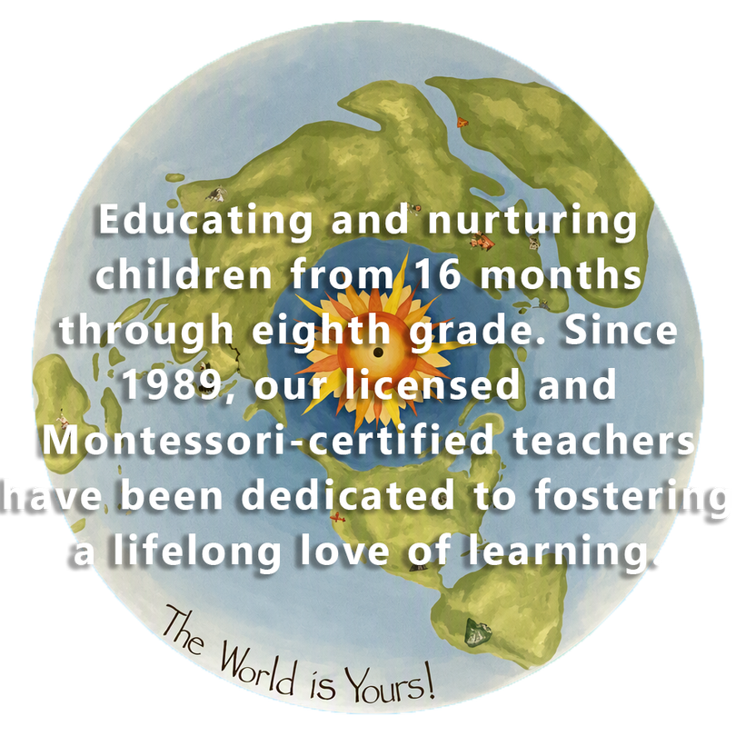Earth illustration with text about licensed Montessori education for children from 16 months through eighth grade.