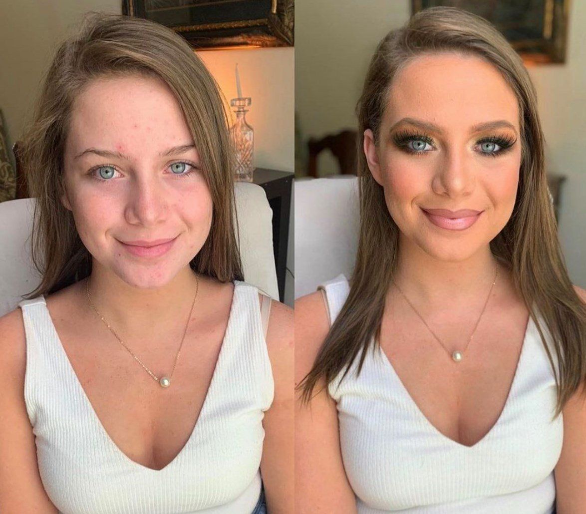 A before and after photo of a woman with and without makeup.