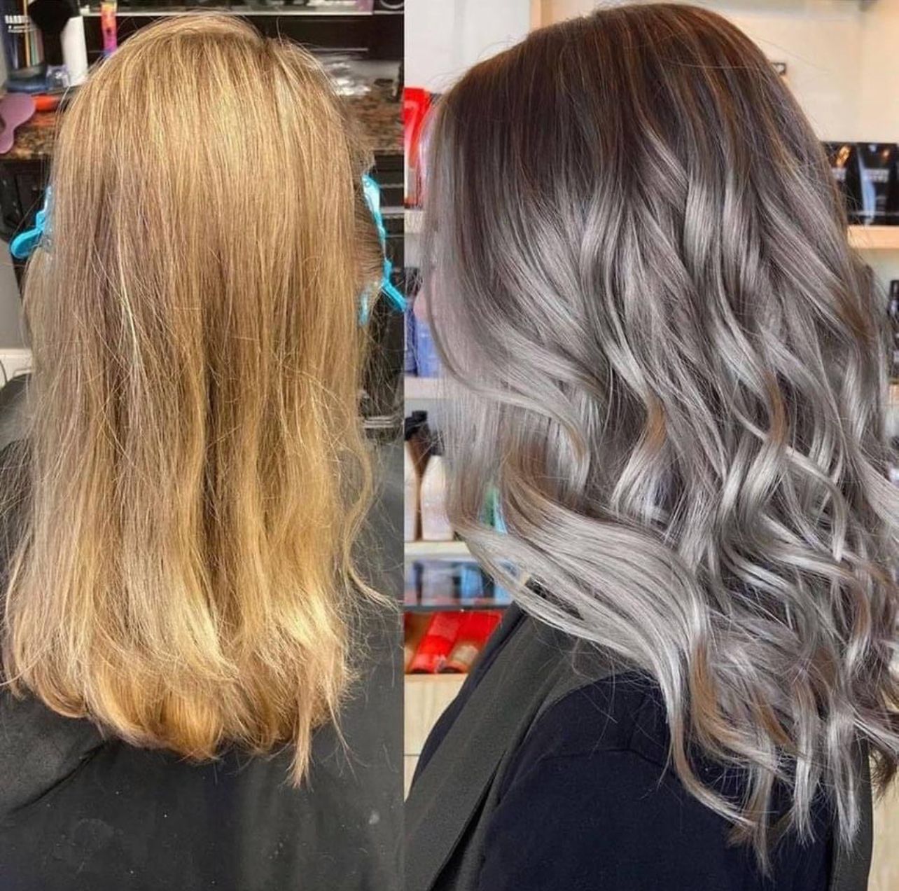 Before and after hair color and curls