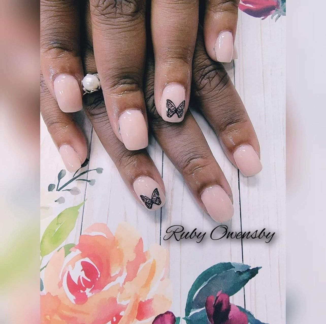 Pink and butterfly nail art