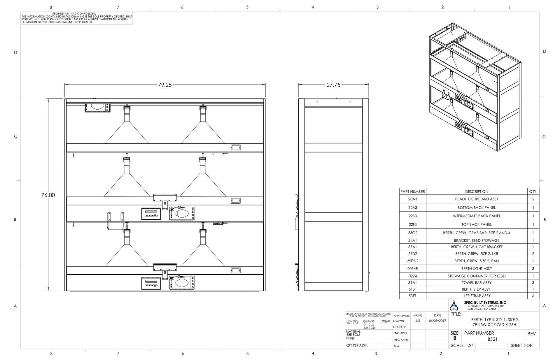 Blueprint of a three-tiered shelving unit with dimensions and electrical component details, shown in front, side, and isometric views.