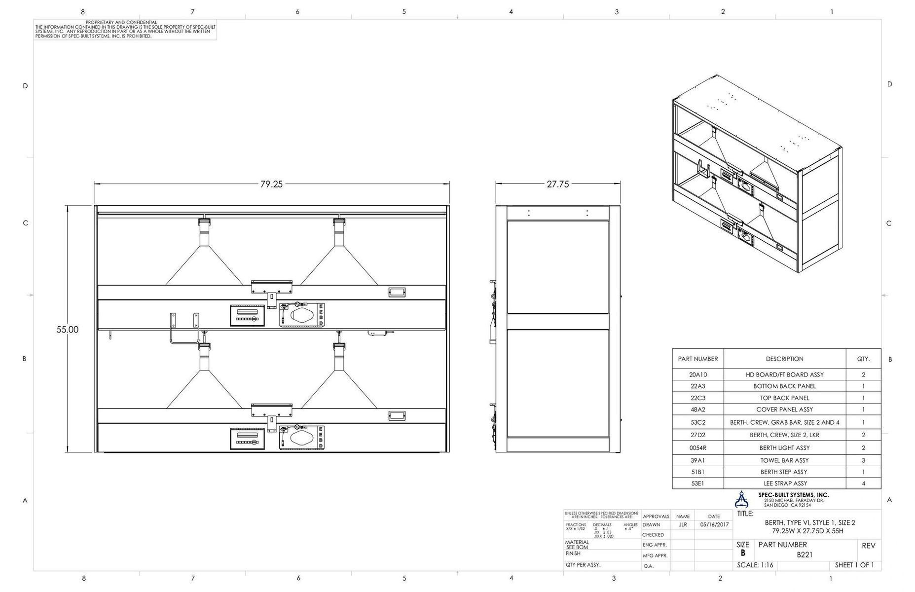 Diagram of an industrial lighting fixture, with front, side, and isometric views, plus a parts list.