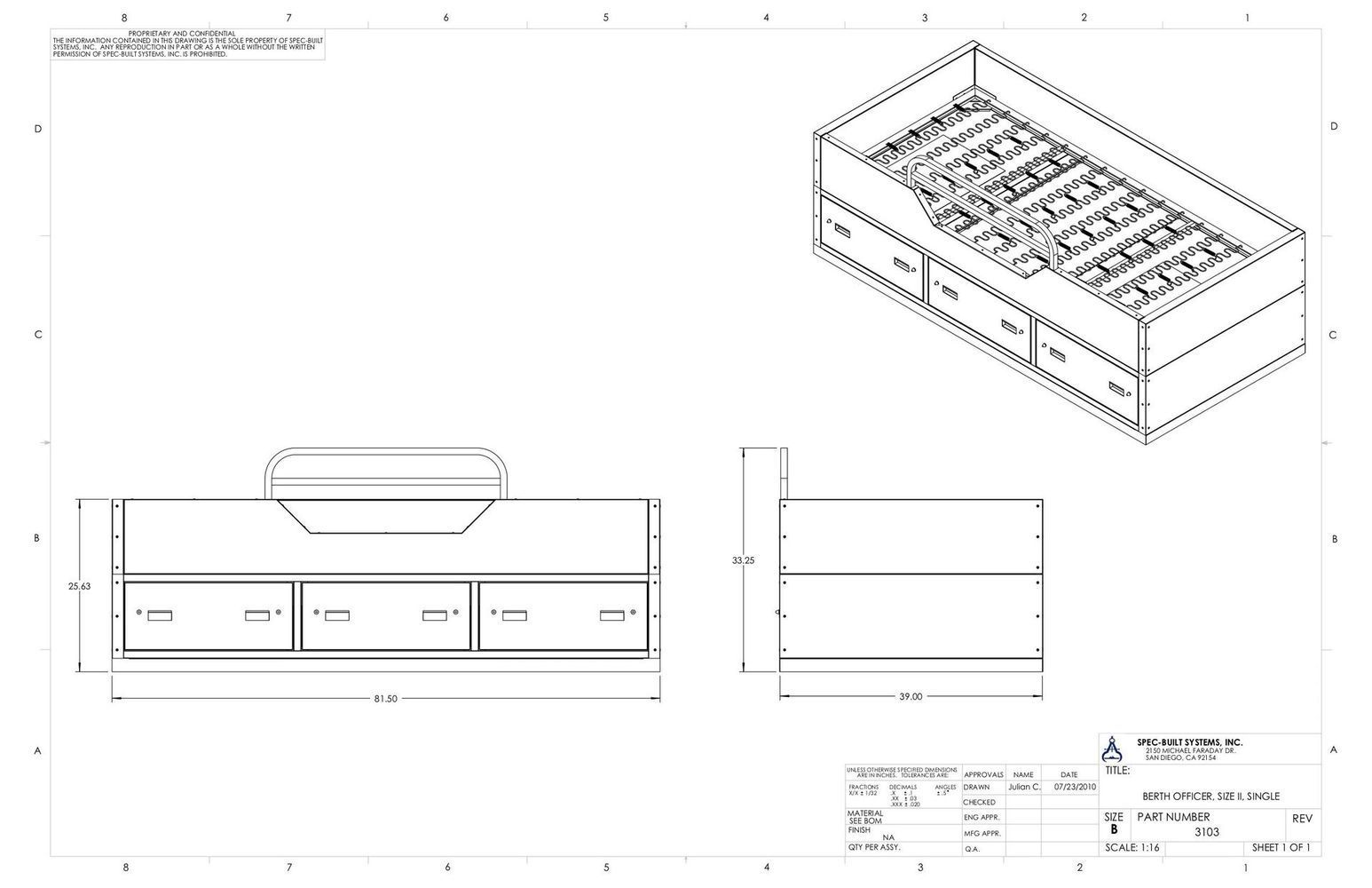 Three-view technical drawing of a bed frame with drawers, including an isometric view.