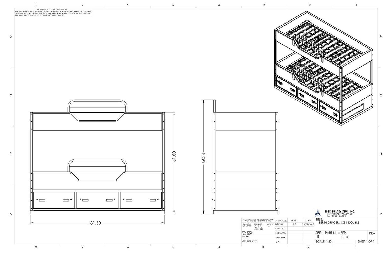 Blueprint of a bunk bed with storage drawers; front, side, and isometric views.