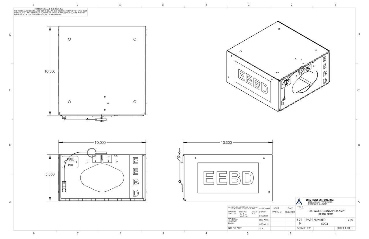 Technical drawing of a box, showing top, side, and isometric views with dimensions and labels.