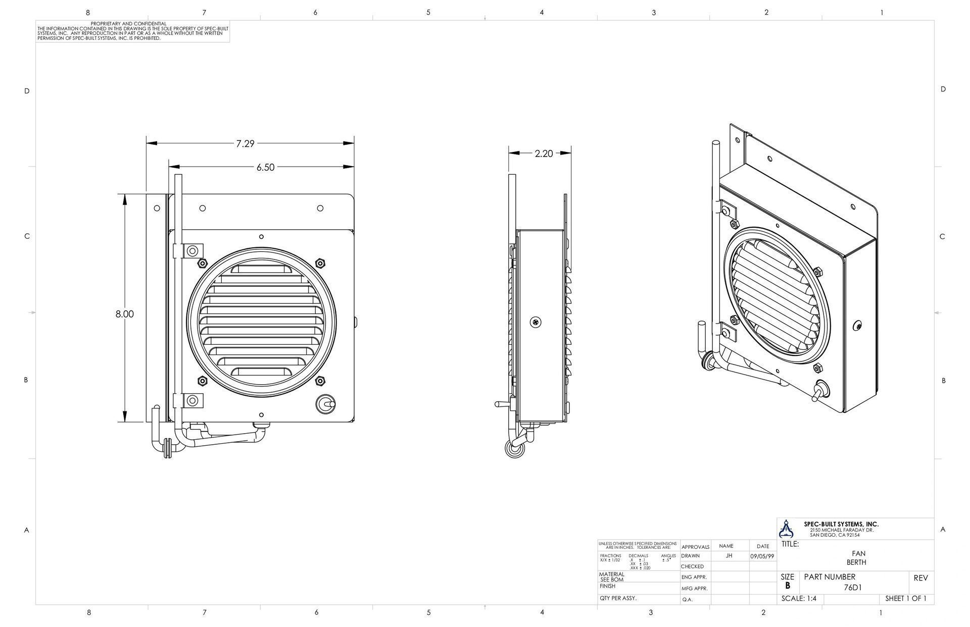 Technical drawing of an electrical enclosure with a fan, showing front, side, and isometric views with dimensions.
