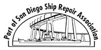 Logo of the Port of San Diego Ship Repair Association; a ship under a repair crane, within an arched border with text.
