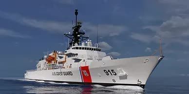 U.S. Coast Guard Cutter underway on blue water, under a blue and cloudy sky.