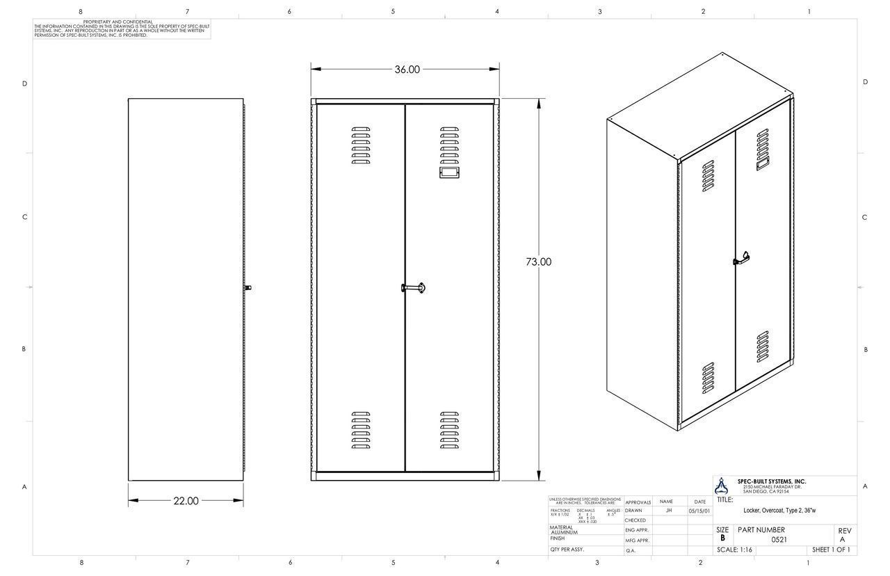 Three-view engineering drawing of a cabinet with two doors; dimensions labeled.