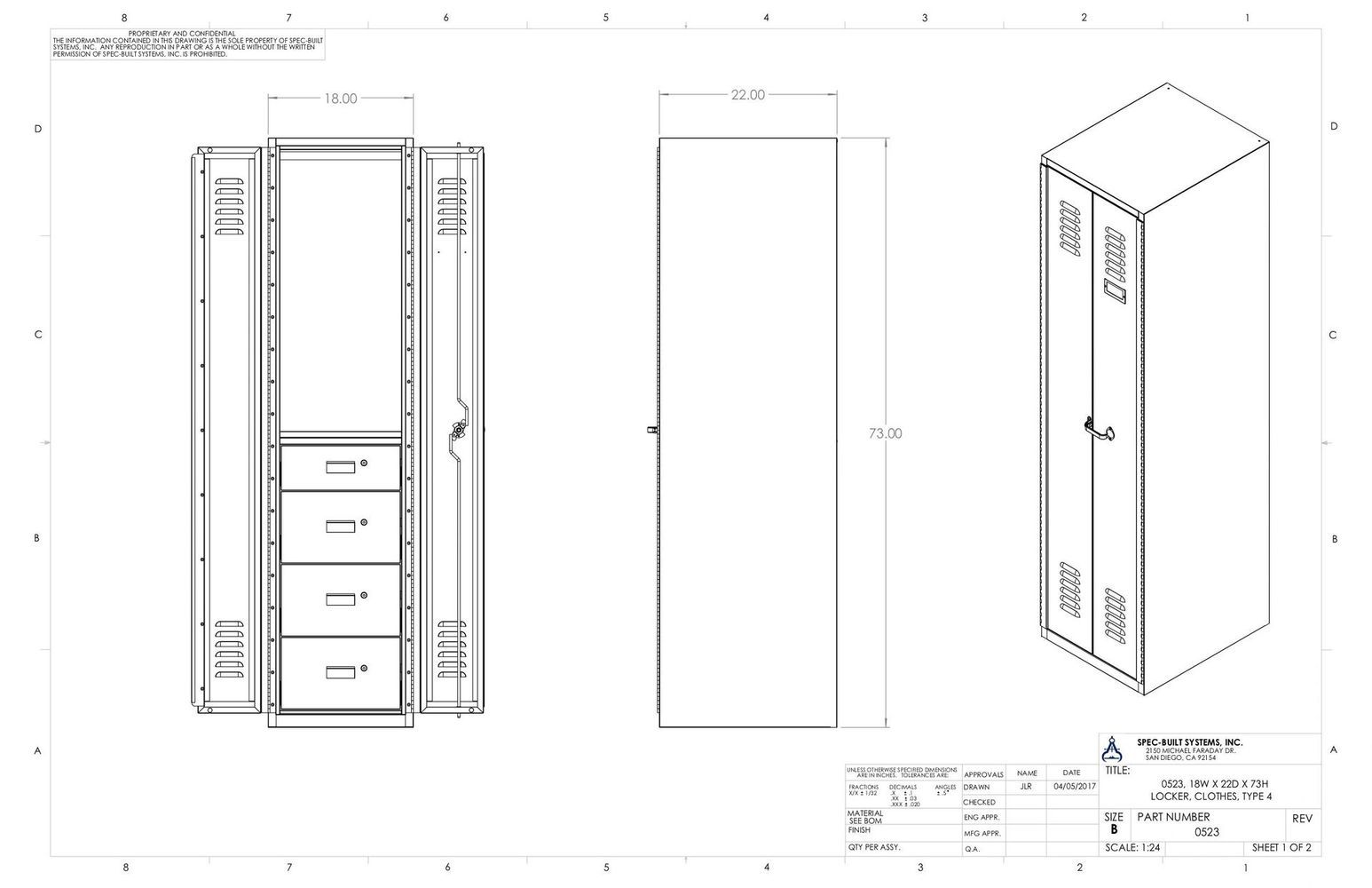 Technical drawing of a cabinet in three views: front, side, and isometric. Dimensions are labeled.
