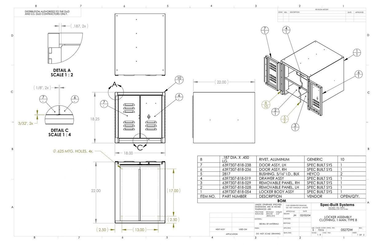 Engineering drawing of a rectangular enclosure with various views and dimensions, including an isometric view and a parts list.