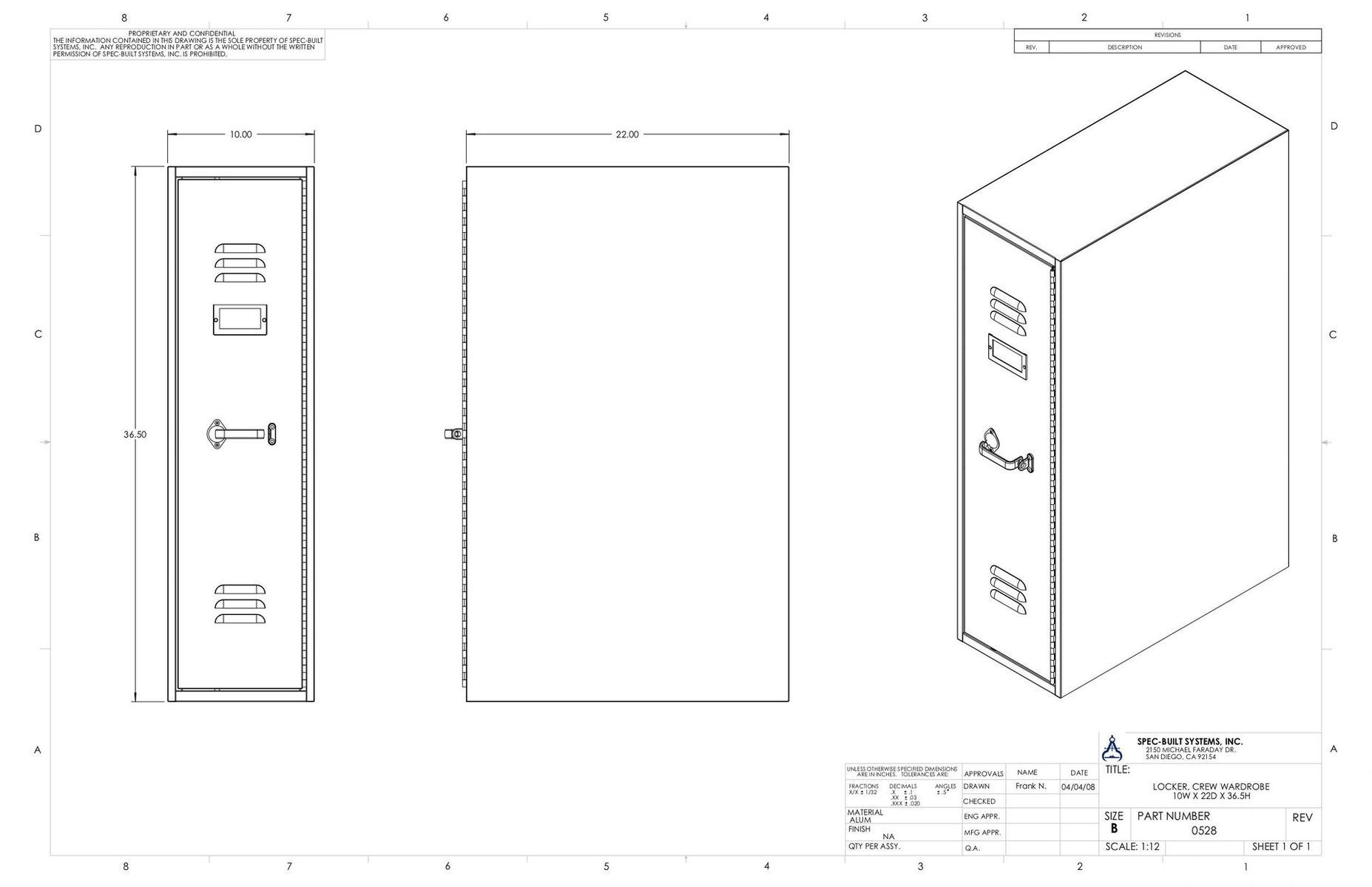 Blueprint of a tall rectangular cabinet. It's shown from three views, detailing dimensions and cutouts for components.