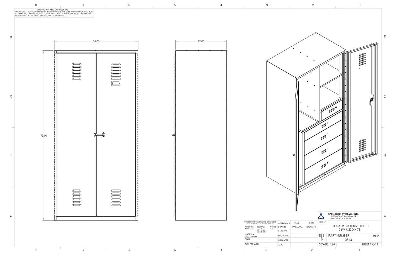 Blueprints of a double-door metal locker with shelves and drawers, shown in elevation, side view, and isometric views.