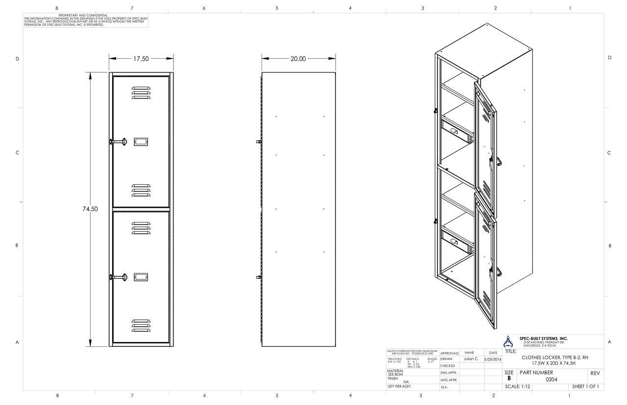 Technical drawing of a tall cabinet with two sets of drawers and shelves, viewed from multiple angles.