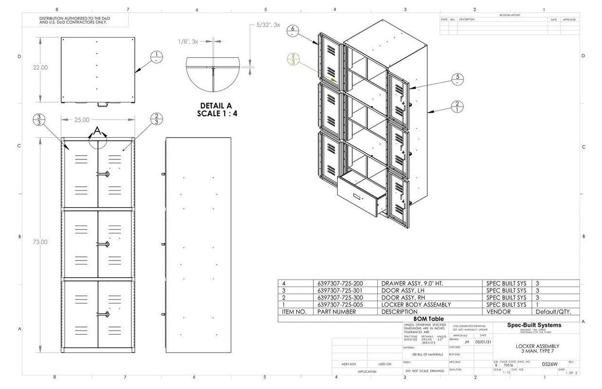 Technical drawing of a metal shelving unit with multiple views and dimensions for manufacturing.