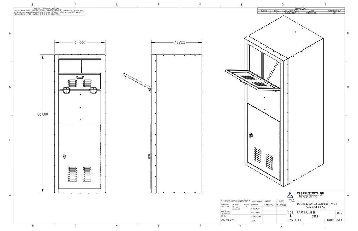 Engineering drawing of a tall, rectangular cabinet with doors, vents, and an angled shelf, depicting various views and dimensions.