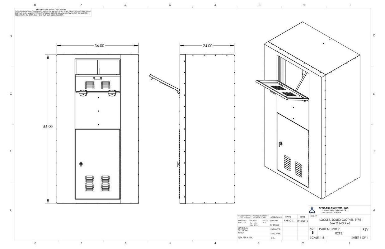 Three-view technical drawing of an electrical cabinet with an open door and panel.