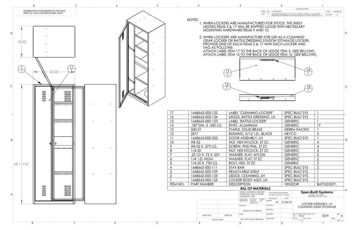 Diagram of a tall cabinet with detailed views and parts list.
