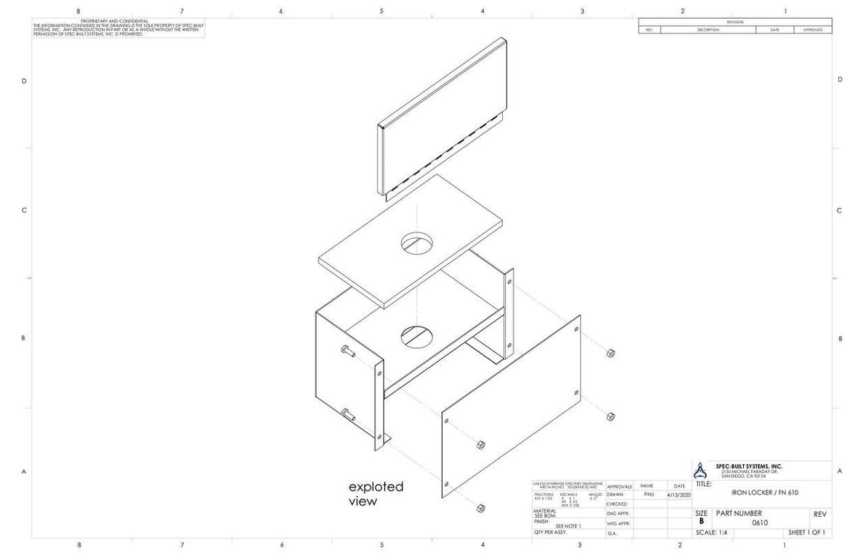 Exploded isometric view of a machine or stand with rectangular components, featuring a central hole.
