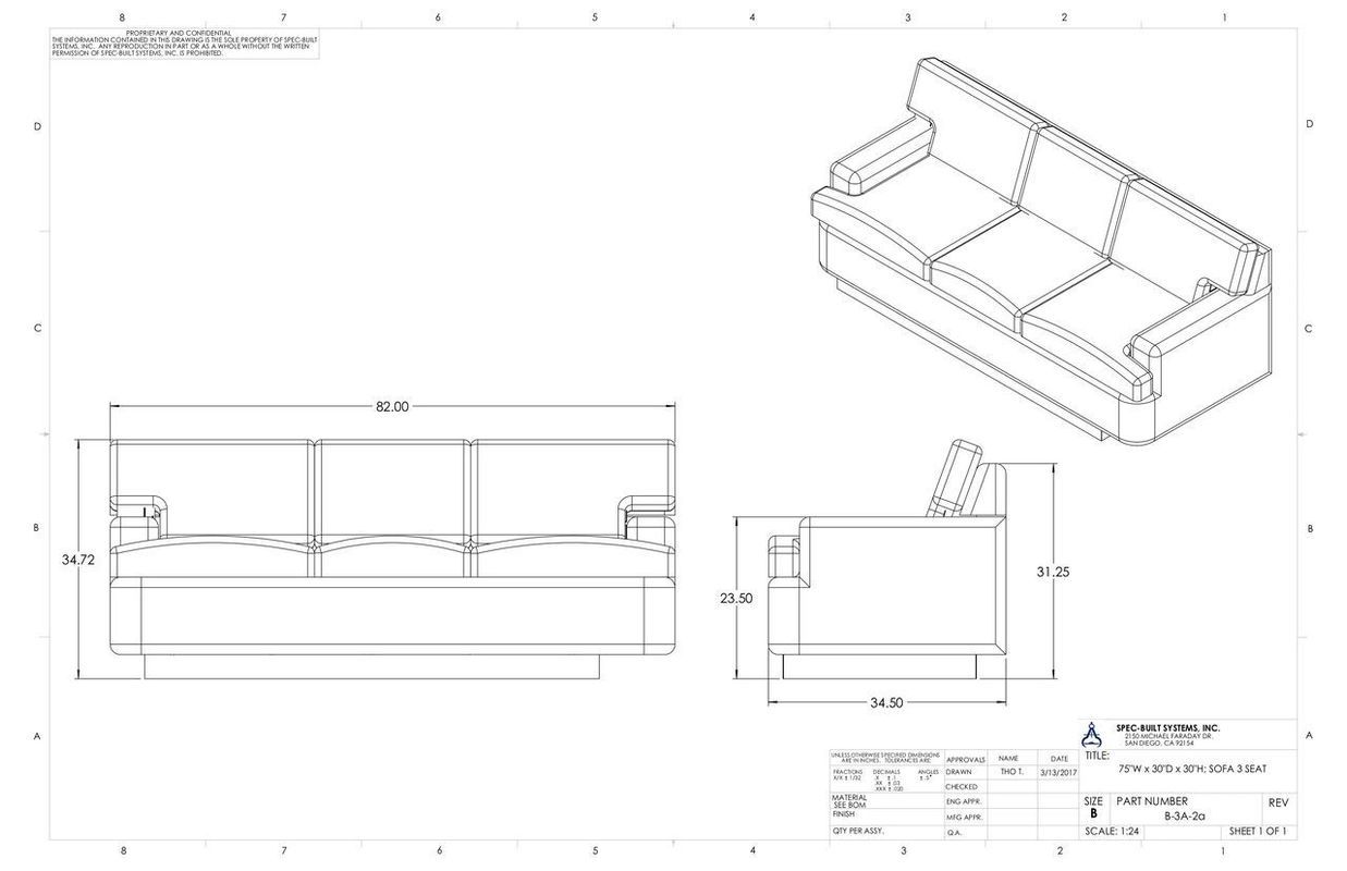 Technical drawing of a three-seat sofa, showing top, side, and isometric views with dimensions.