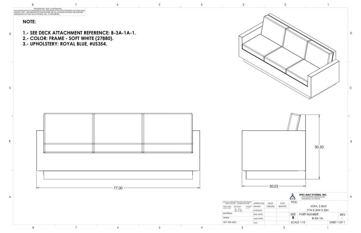 A blueprint showing a three-cushion sofa with measurements and an isometric view.