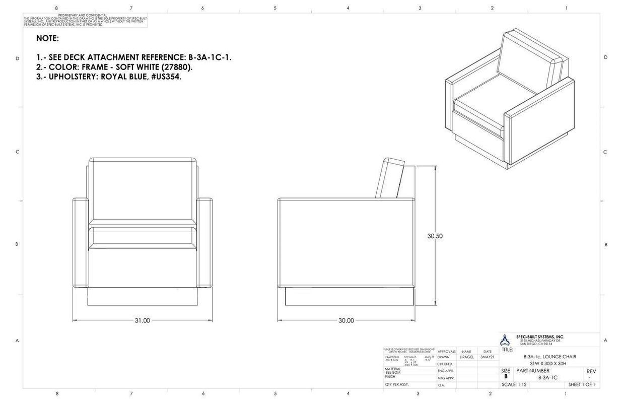 Blueprint of a modern armchair with dimensions and material notes.