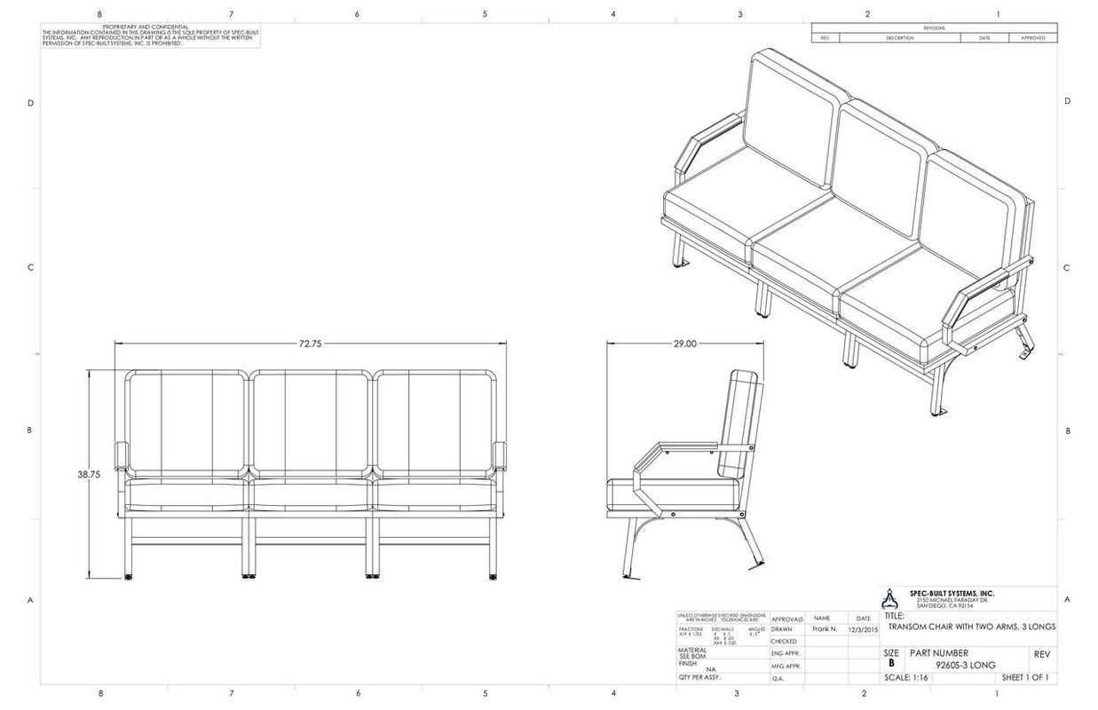 Three-seat bench architectural drawing: side, front, and isometric views with dimensions; industrial design.