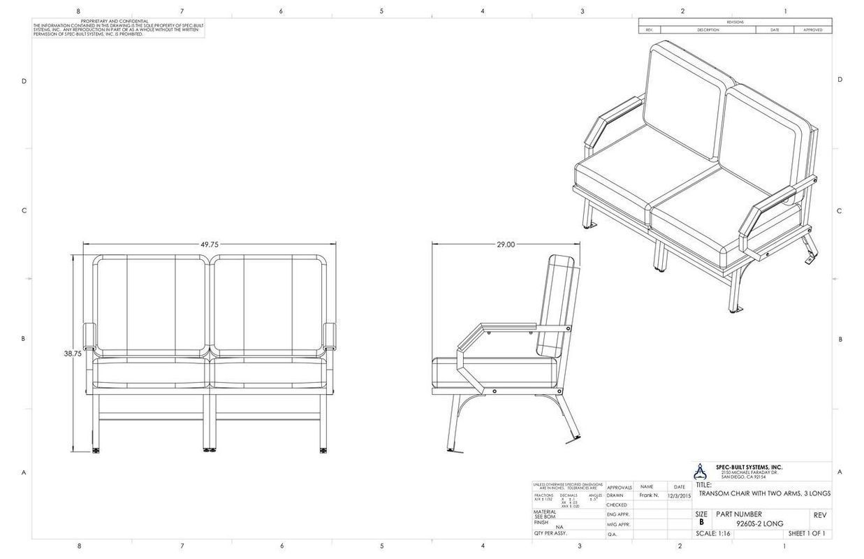 Blueprint of a loveseat, showing side, front, and isometric views with dimensions and labels.