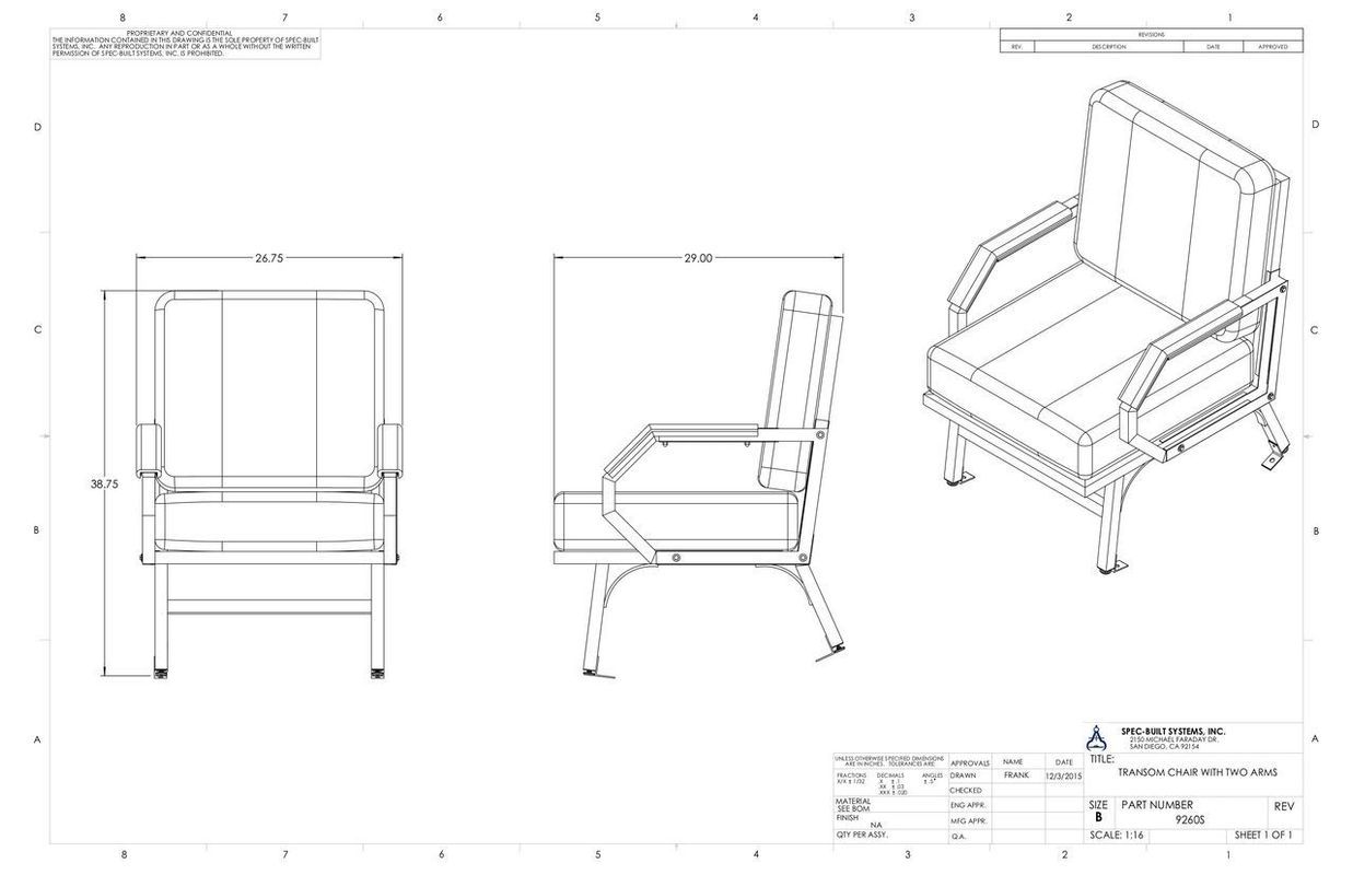 Technical drawing of a chair with measurements and three views: front, side, and isometric.