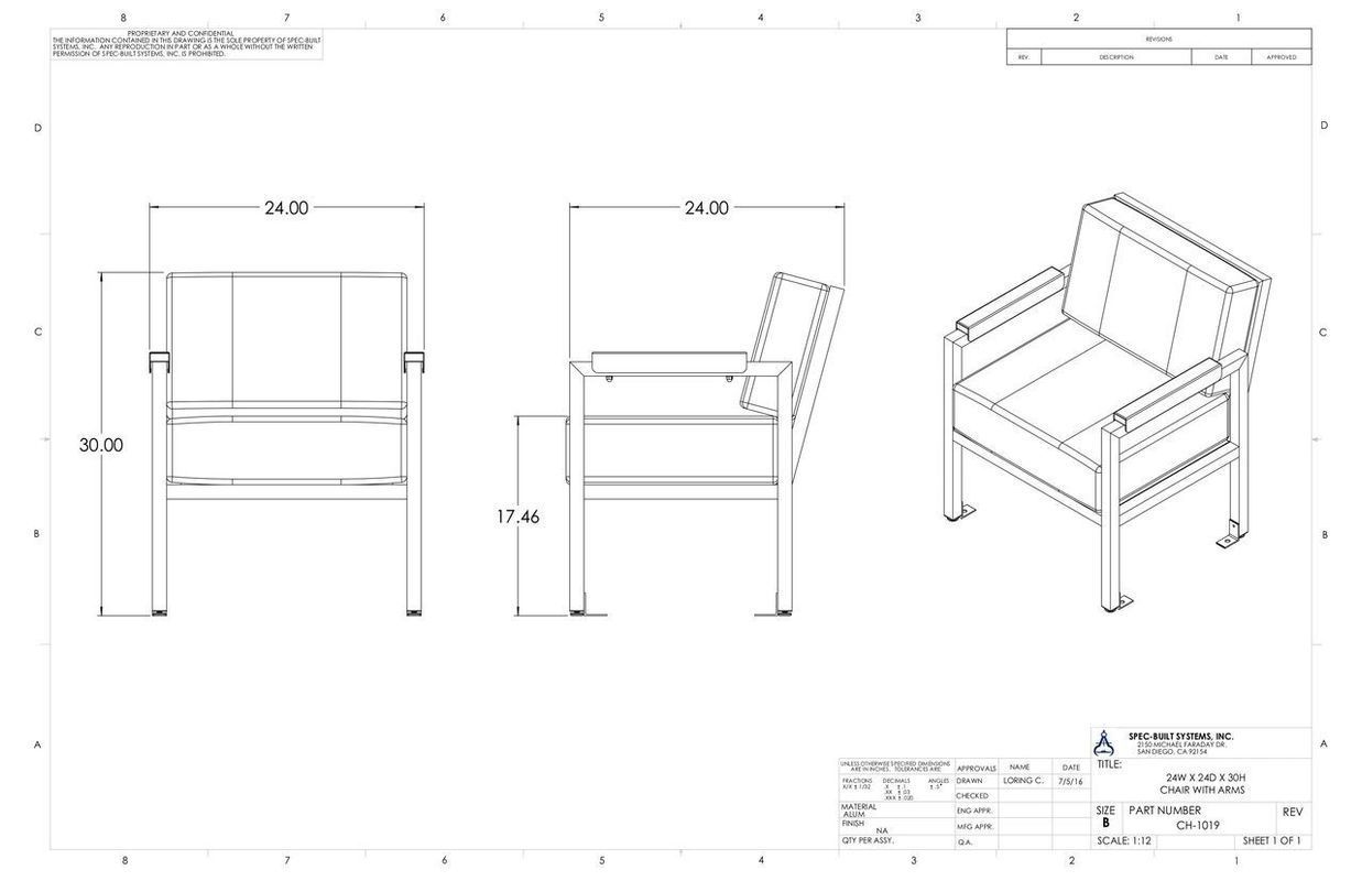 Diagram of an armchair, showing front, side, and isometric views with dimensions in a technical drawing format.