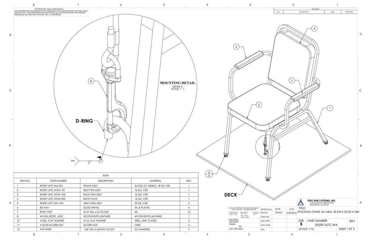 Engineering drawing of a chair with detailed view of hanging mechanism. Includes parts list and specifications.