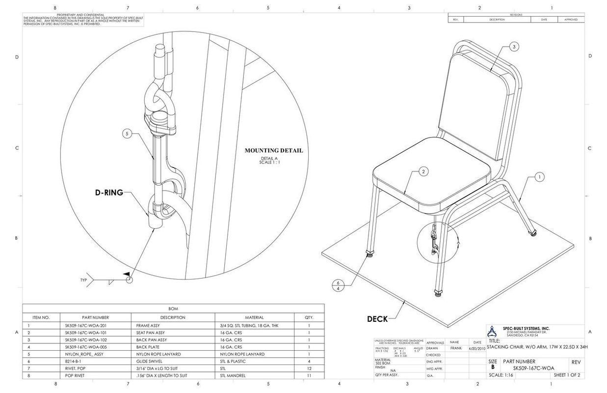 Blueprint of a chair with an enlarged section showing a safety mechanism attached to a support beam.