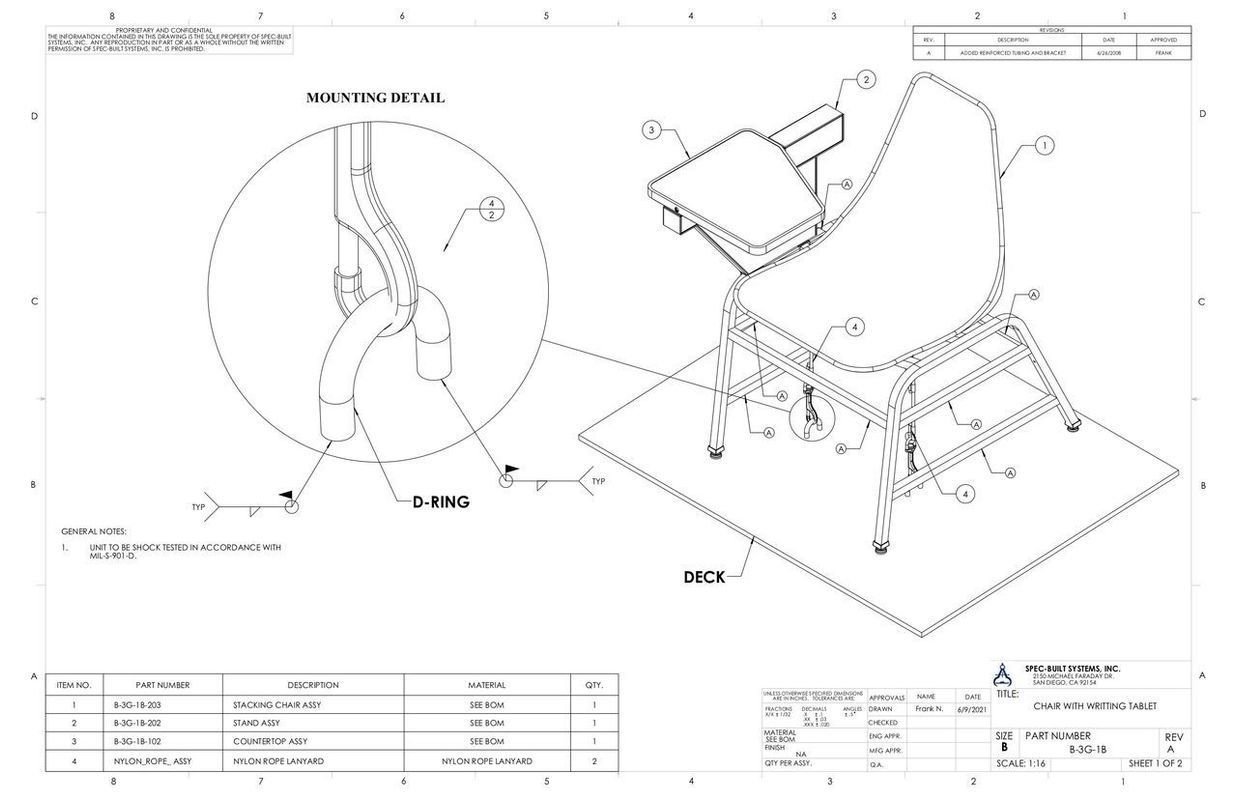 Isometric drawing of a curved wooden chair with a table attachment and metal legs on a platform.