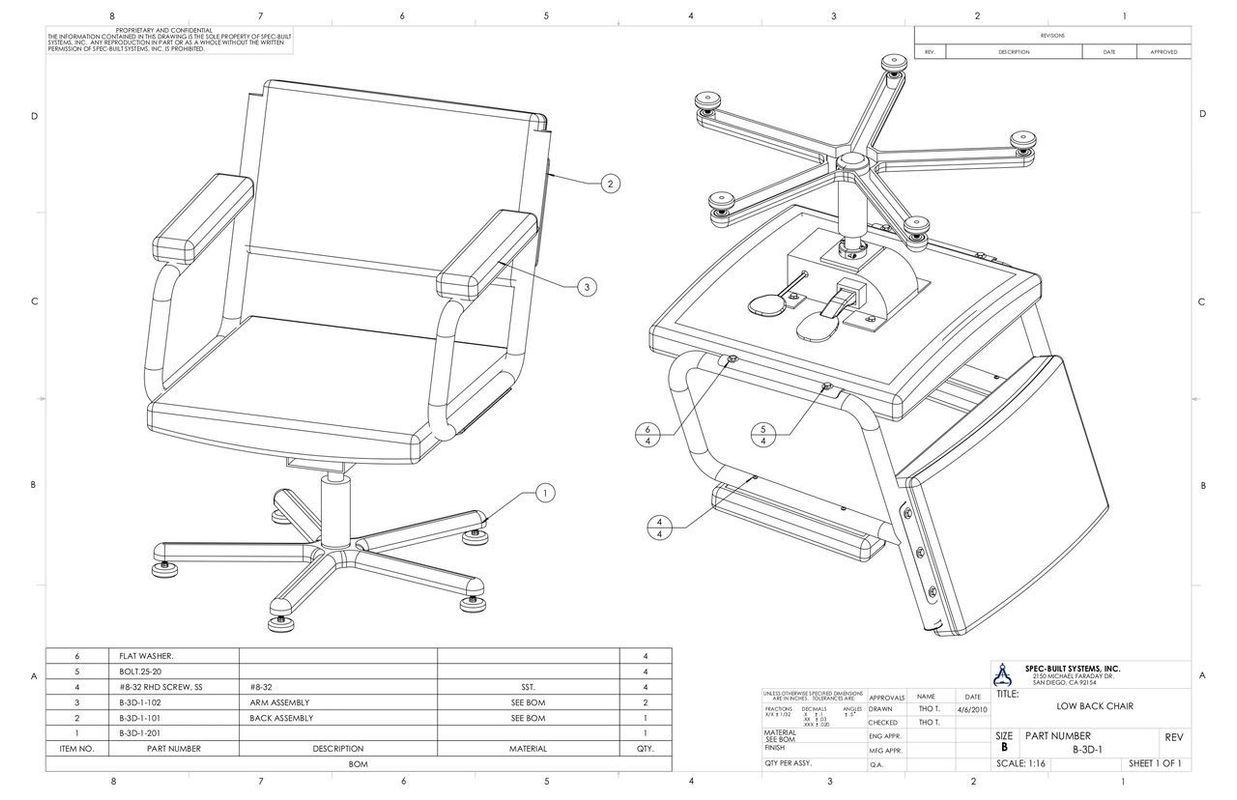 Exploded view drawing of an office chair, showing frame, base, and controls.