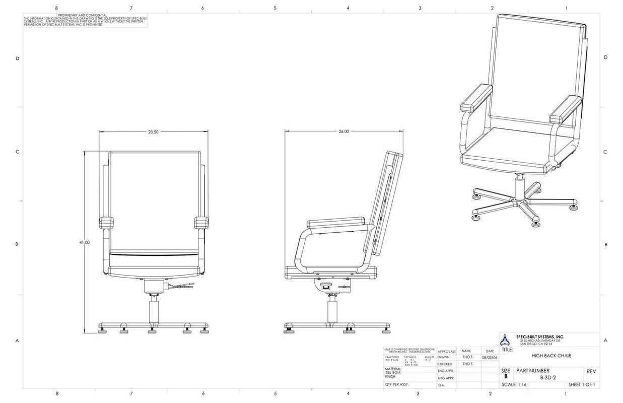 Architectural blueprint of an office chair, showing front, side, and isometric views with dimensions and technical details.